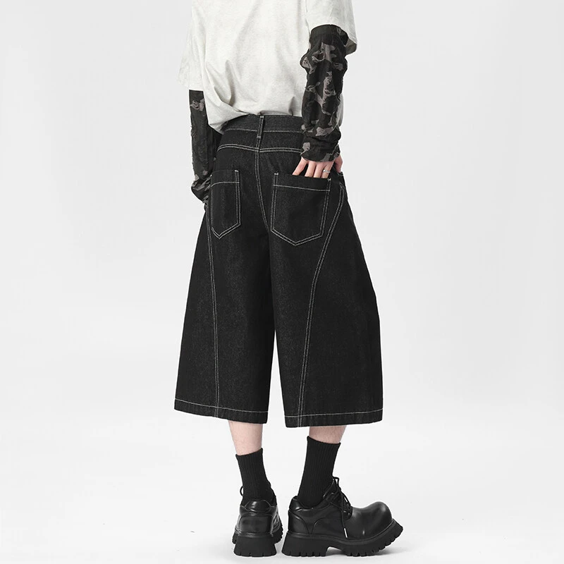 原牛明辑线拼接牛仔七分裤男款美式复古工装短裤宽松阔腿八分裤子
