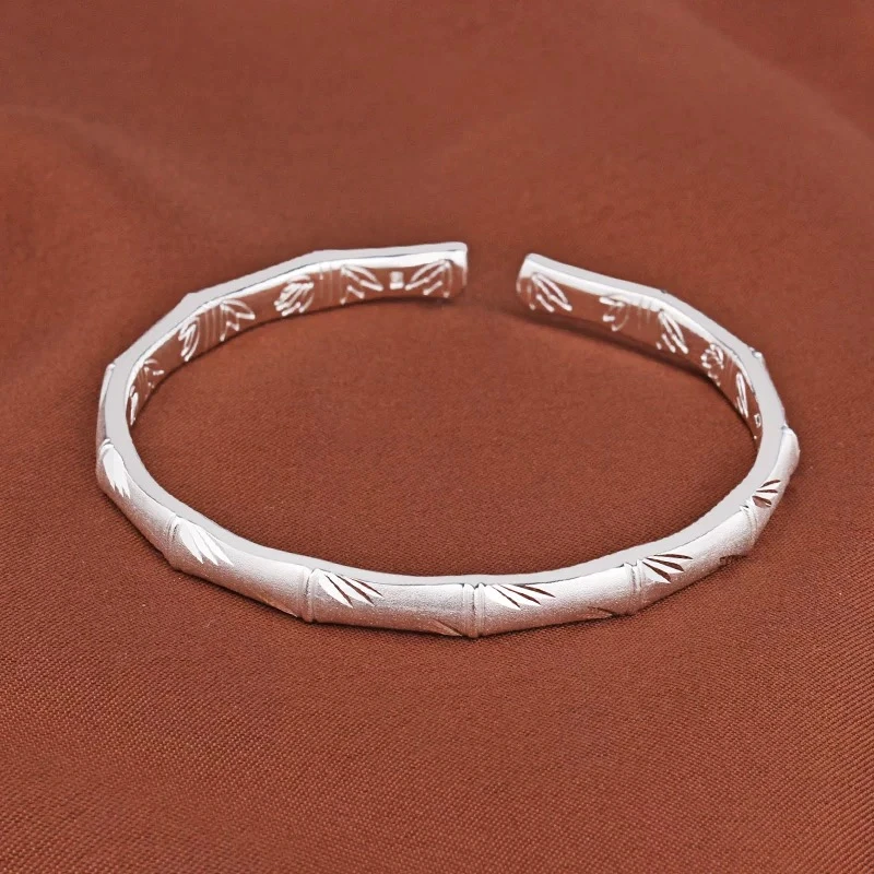 足银手镯 【523】手镯开口磨砂竹节民族风年轻款实心足银镯子