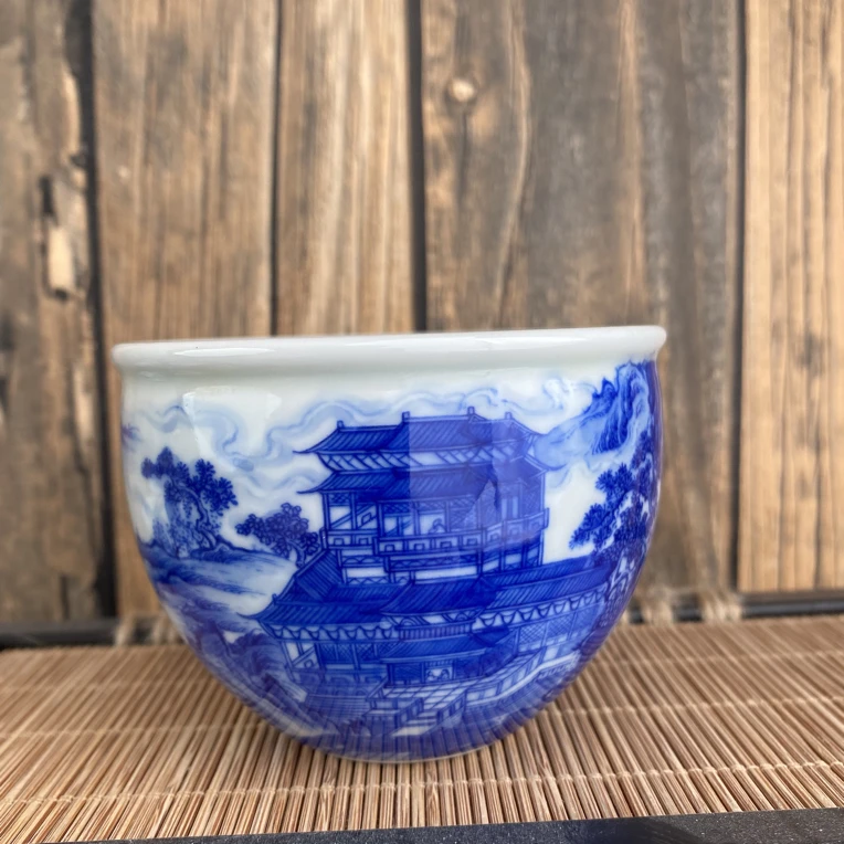景德镇手绘青花山水陶瓷楼阁小缸杯主人杯150cc茶杯