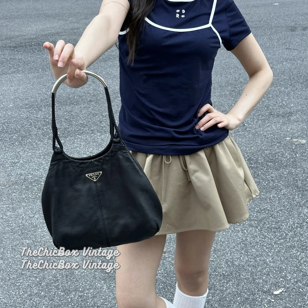 95新 Prada/普拉达 只盒/中古稀有黑色银杆羊皮腋下包