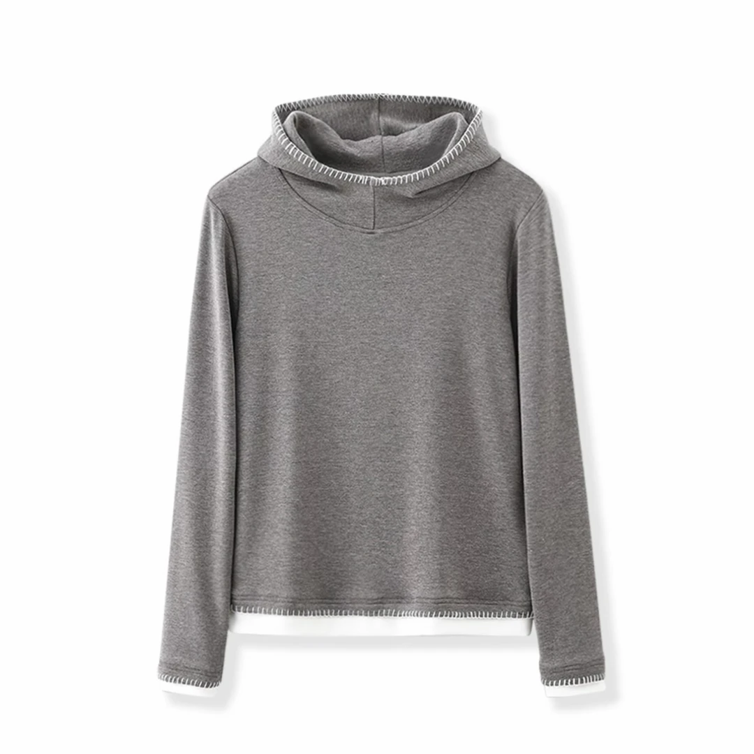 棉质早秋通勤连帽修身长袖套头T恤简约时尚内搭上衣女-4341