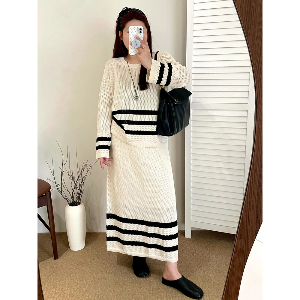 胖mm宽松圆领上衣女半裙两件套2025秋装撞色显瘦条纹套装