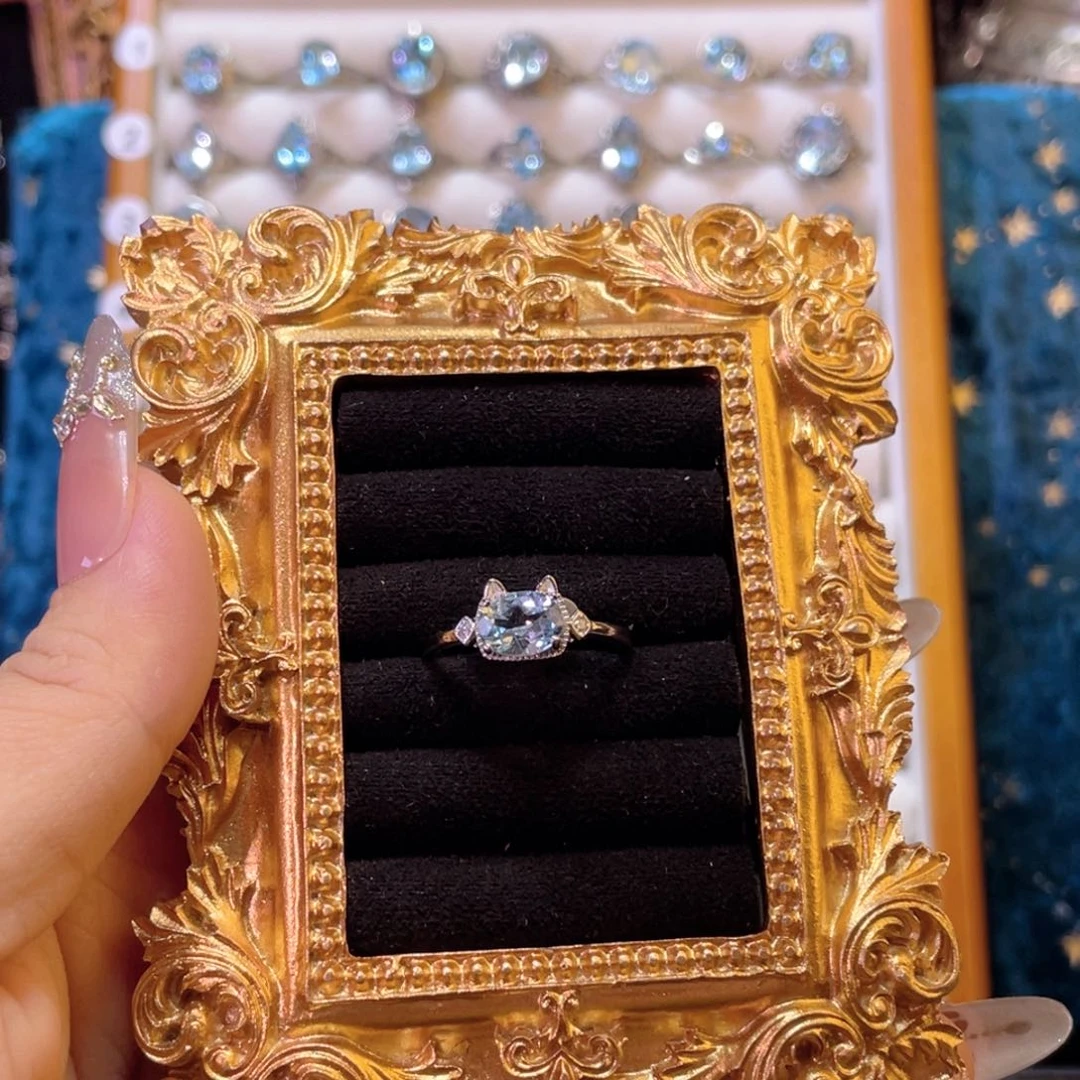 925银无天空蓝猫猫头戒指