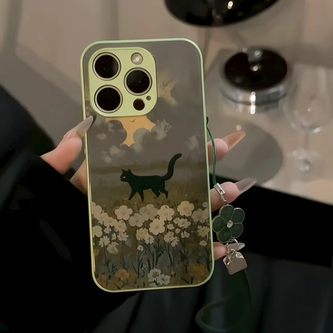 金属直边玻璃适用苹果/华为/小米/vivo/oppo黑猫插画is挂绳手机壳