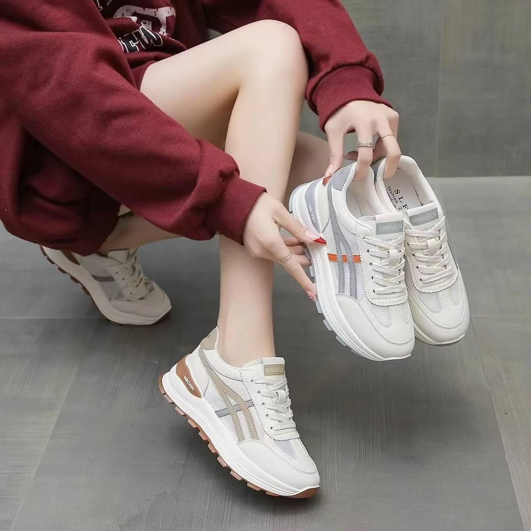 百步峻百搭厚底运动鞋女2025春款透气小白鞋休闲镂空跑步锻炼鞋子