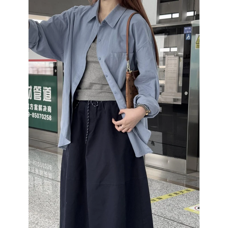 韩系慵懒风蓝色衬衫女2025早秋新款宽松显瘦休闲百搭长袖衬衣外套