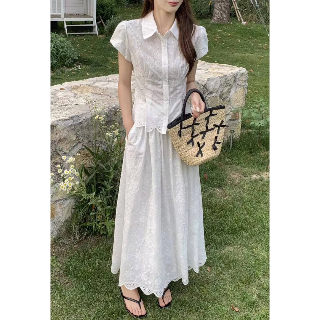 泡泡袖刺绣衬衫半裙两件套ZBT33447衣长52裙长86（腰粗卡码拍大）