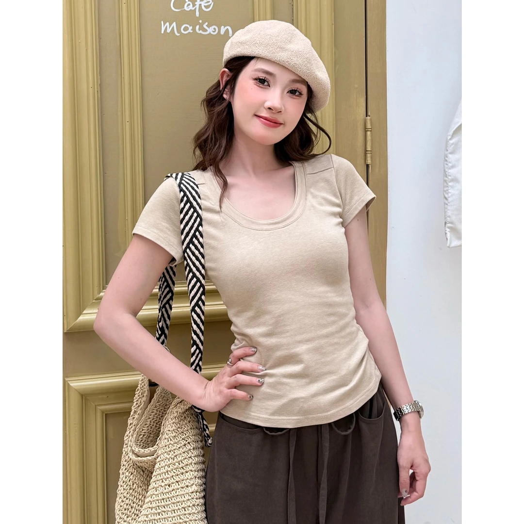 【尔给】夏季新款U领设计辣妹T恤女显瘦小众修身休闲百搭纯色上衣