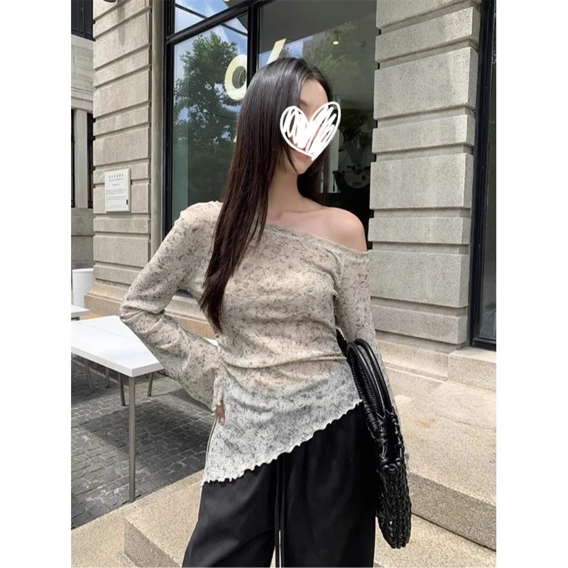 运补~高端2025年早秋新款一字领斜肩复古不规则开叉长袖T恤女上衣