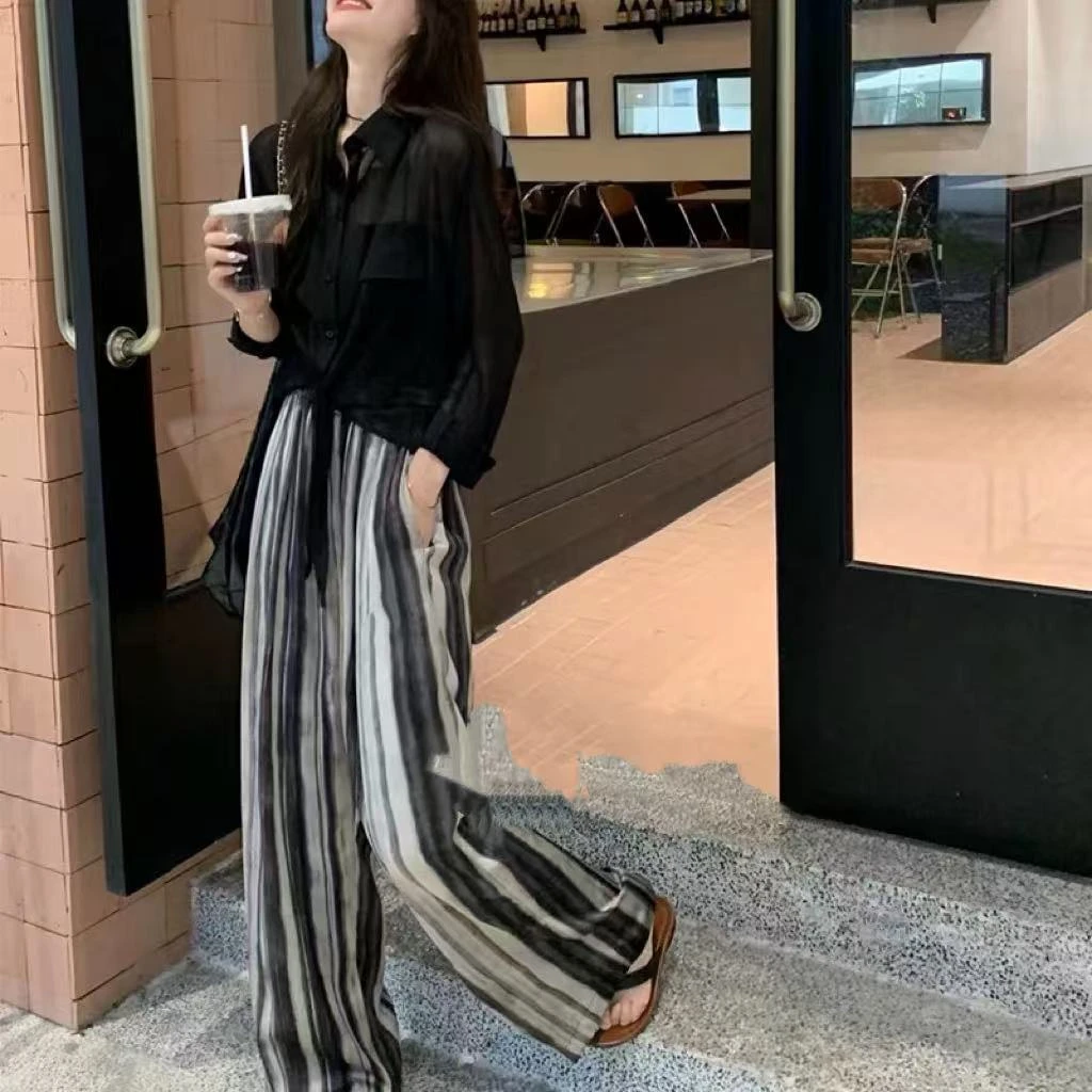 【T1470】两件套裤女新款通勤条纹阔腿裤+收腰上衣带套装