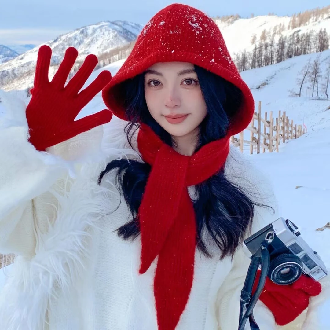 纯色针织连帽披肩女秋冬季高级感保暖毛线帽子围巾一体帽外搭坎肩