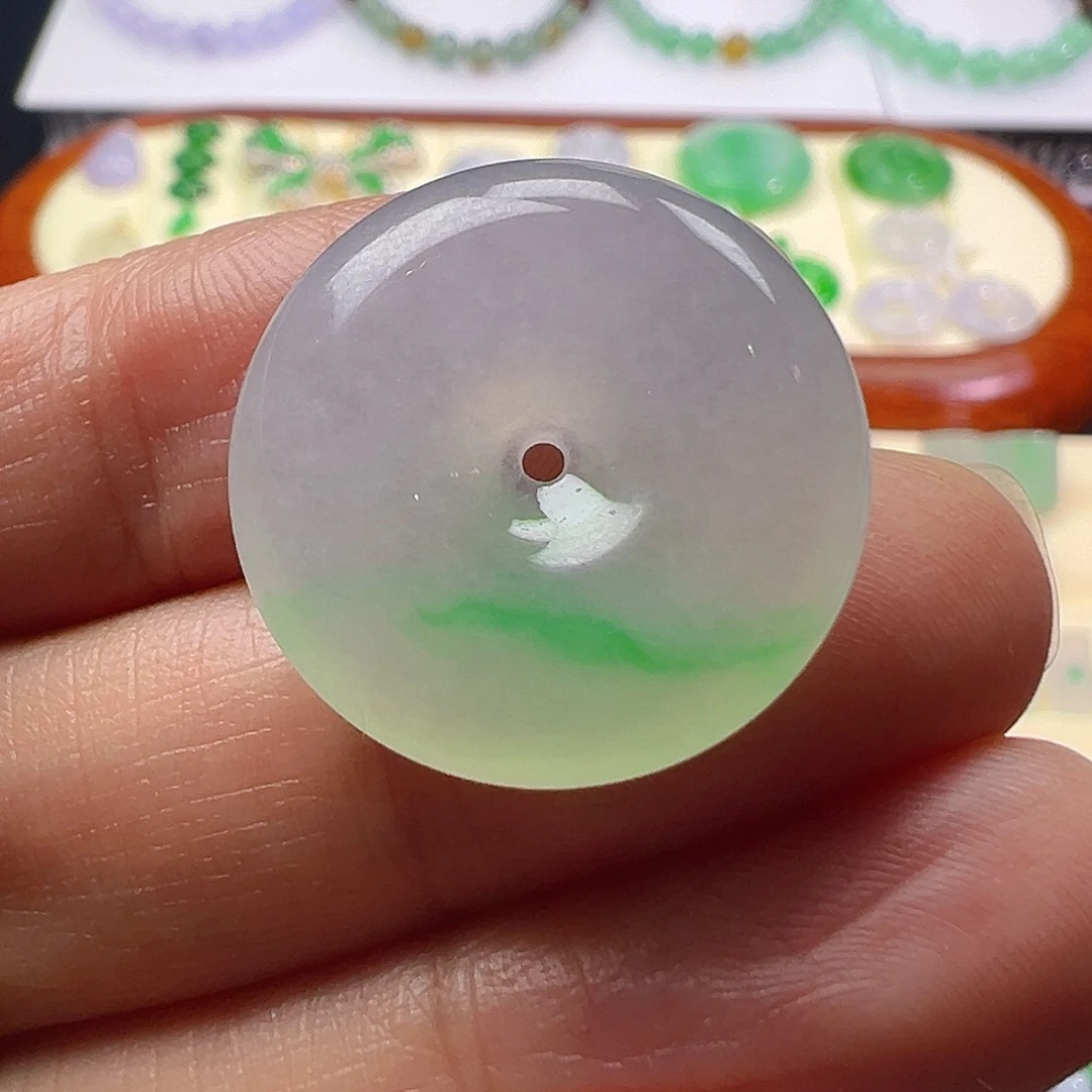 翡翠未镶嵌颈饰翡翠Ａ货冰飘金丝绿平安扣卡21.7