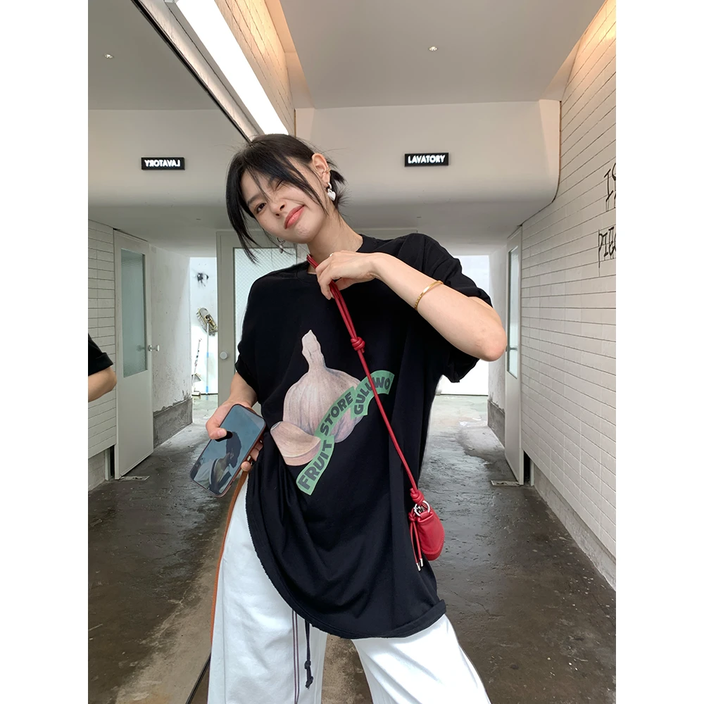 JCCC影子【蒜了】黑色慵懒松弛100%棉印花短袖T恤JE5DBX16