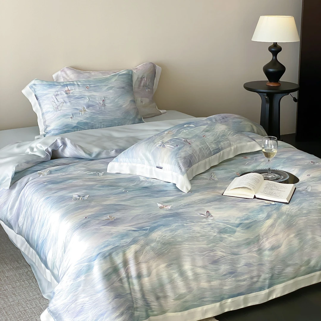 水光蝶梦 高端长绒棉全棉印花刺绣四件套简约轻奢被罩床上用品