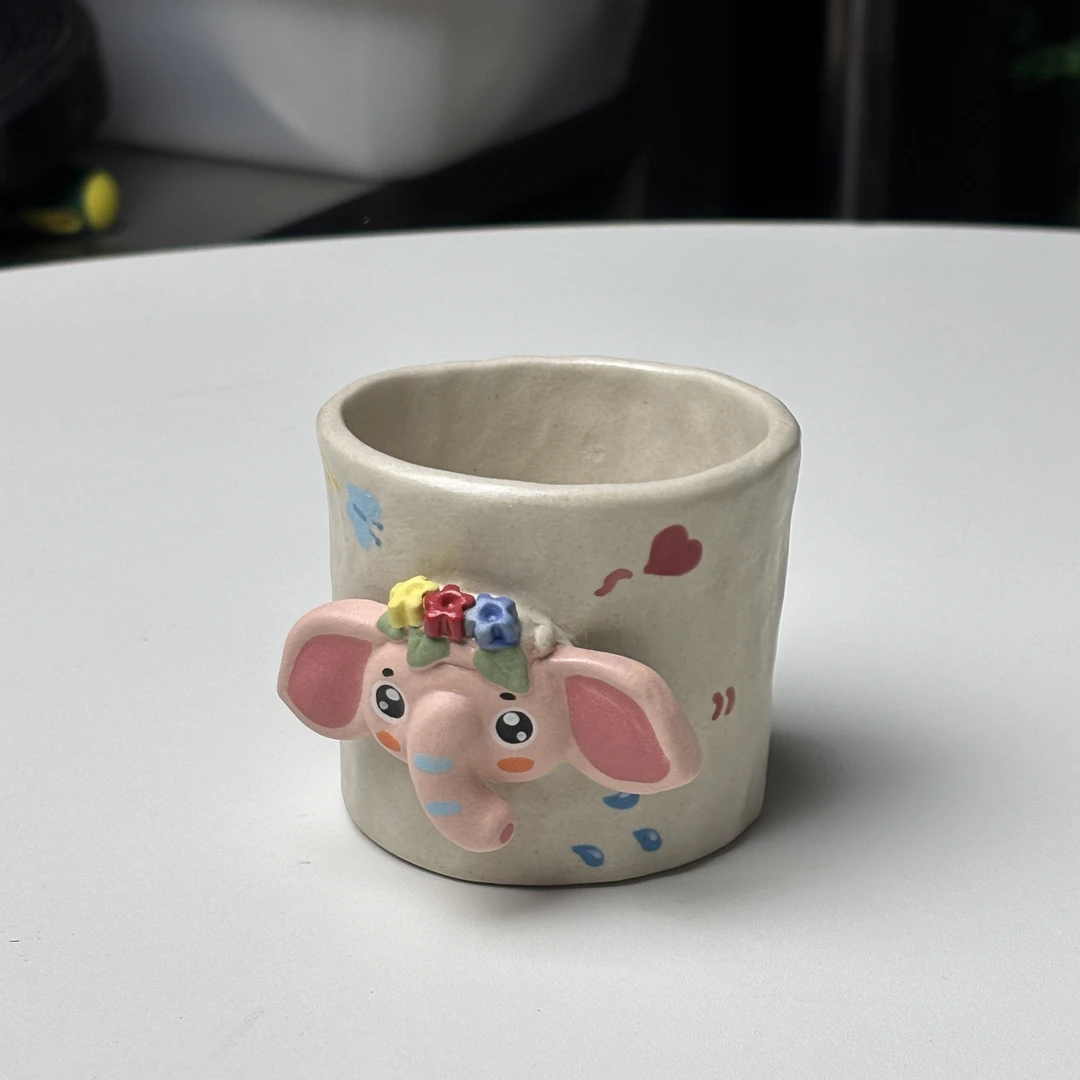 984粉色小象手工手绘水杯