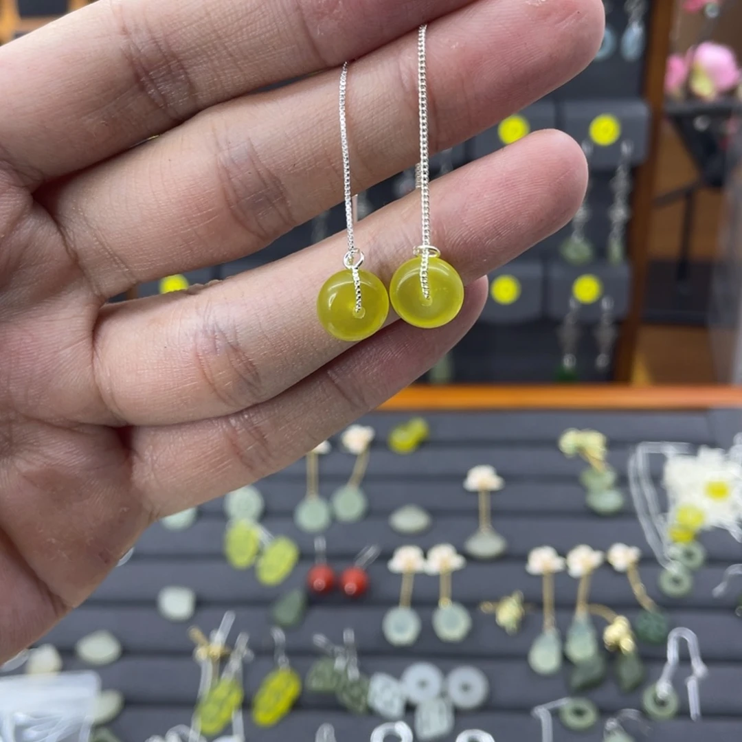 蛇纹石玉耳饰银S925镶嵌