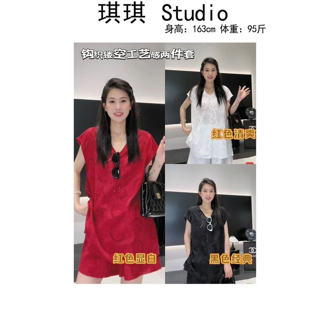 《琪琪家》夏季新款设计感镂空提花工艺短袖短裤宽松两件套9223-CS