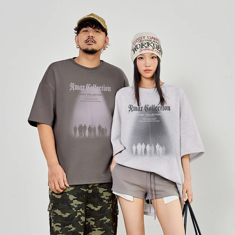 NMAX大码男装25年夏美式潮流印花短袖T恤加肥透气五分袖FNT052