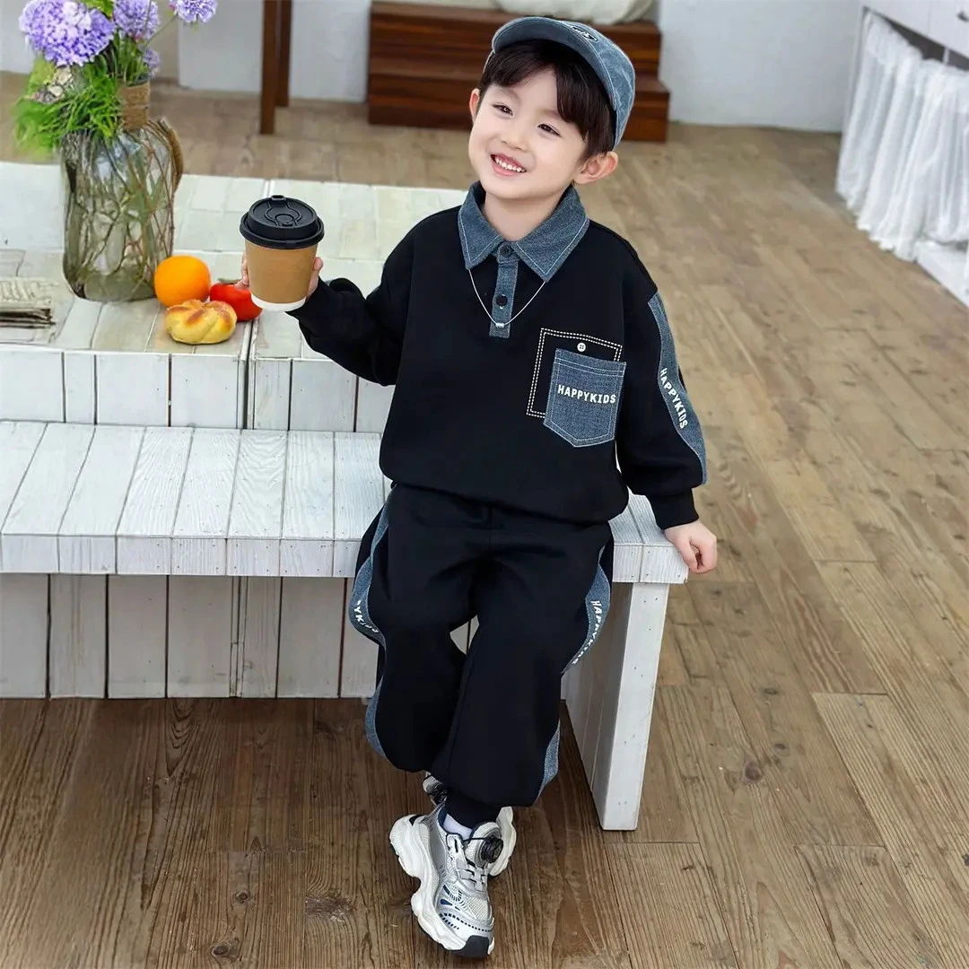 男童加绒卫衣套装2025秋冬新款洋气儿童春秋装潮酷男孩拼接两件套