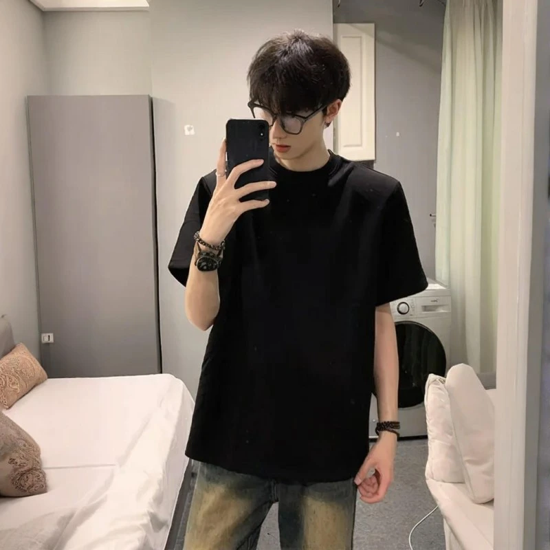 小领口纯色短袖男夏季cleanfit黑色t恤潮牌重磅美式纯棉打底衫男