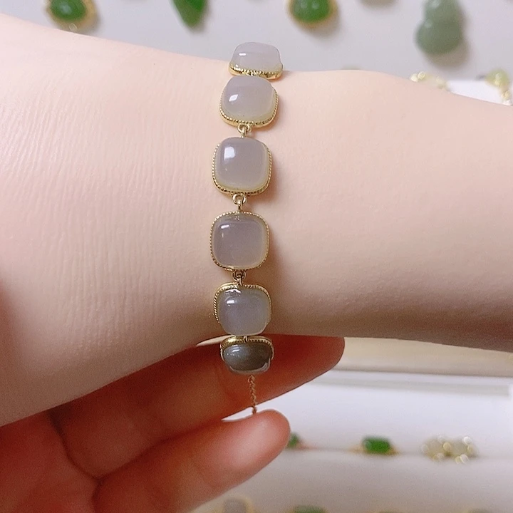 和田玉银S925镶嵌手链烟紫