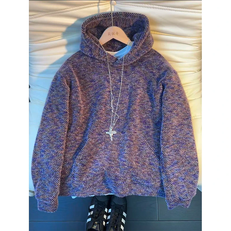 莫奈紫毛绒针织卫衣男款秋冬季美式复古连帽衫高级感宽松休闲外套