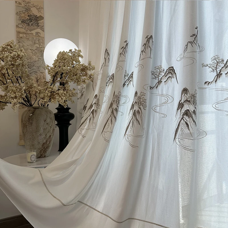 定制窗纱，厚款刺绣新中式山水图案