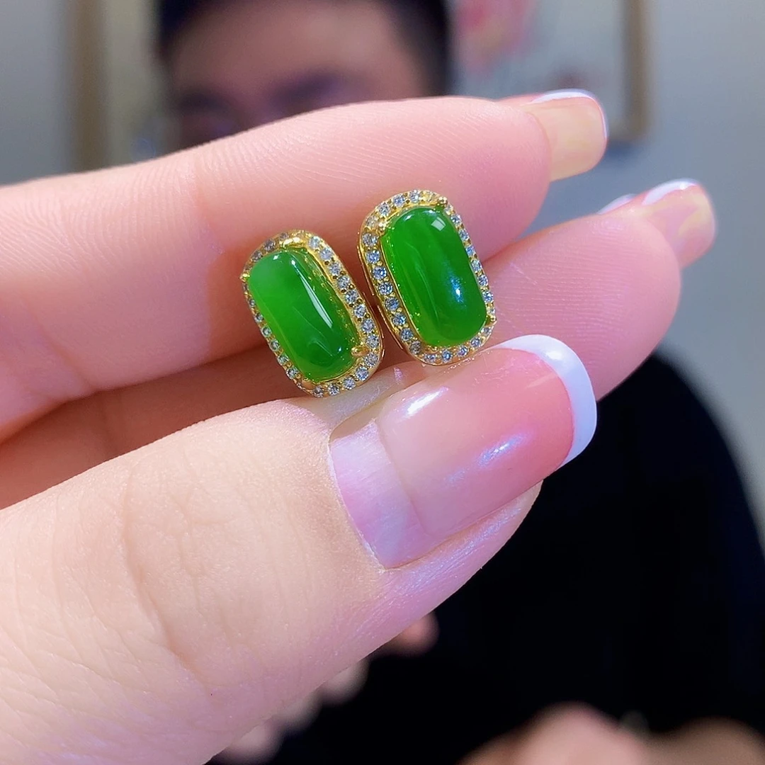 和田玉（碧玉）耳饰银S925镀金镶嵌