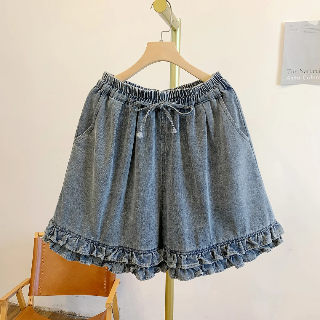 Y2707木耳边松紧腰系带牛仔短裤