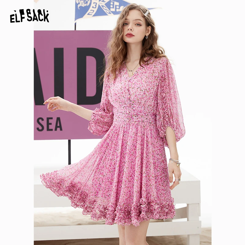 0262【毛毛专属】 粉红女郎 2023夏雪纺碎花连衣裙女v领泡泡