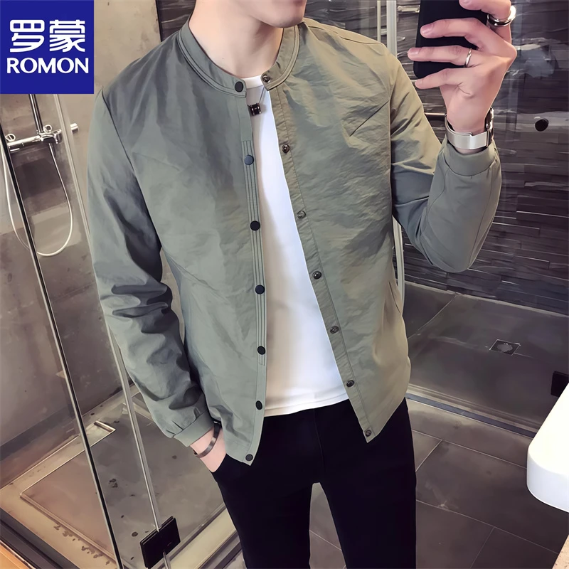 Romon/罗蒙春季新款薄款纯色男士修身夹克韩版男棒球百搭休闲外套