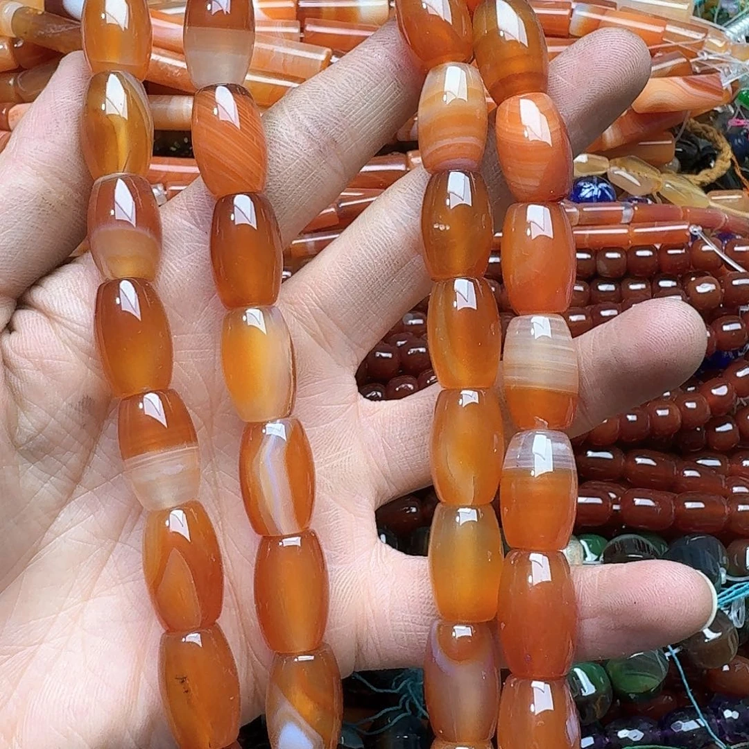 玛瑙/玉髓合金珠宝半成品一条13x18m蚕丝红玛瑙桶珠