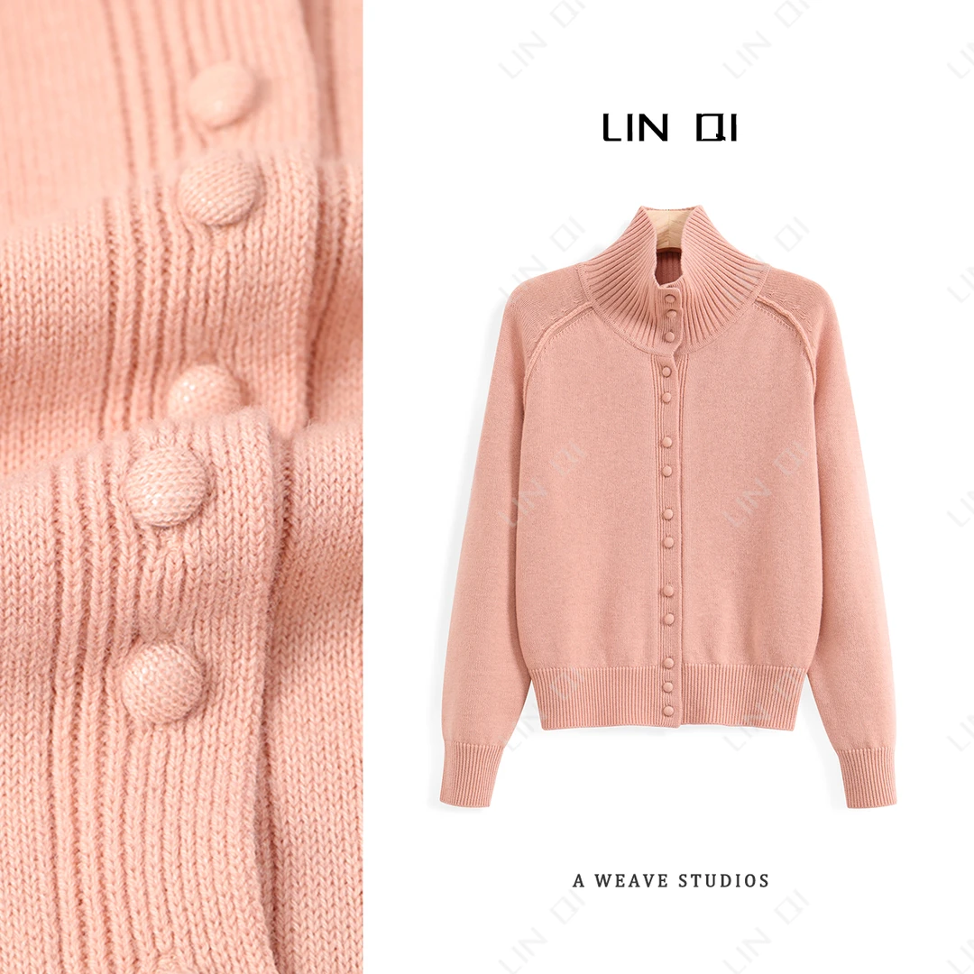 100%绵羊毛 立领包扣针织毛衣春季开衫女高级感气质时髦百搭上衣