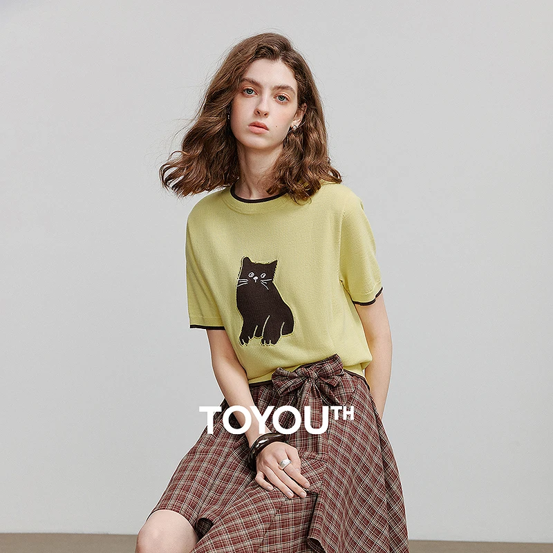 【琥珀流光】初语撞色编织猫咪提花短袖针织衫女2025夏季新款上衣