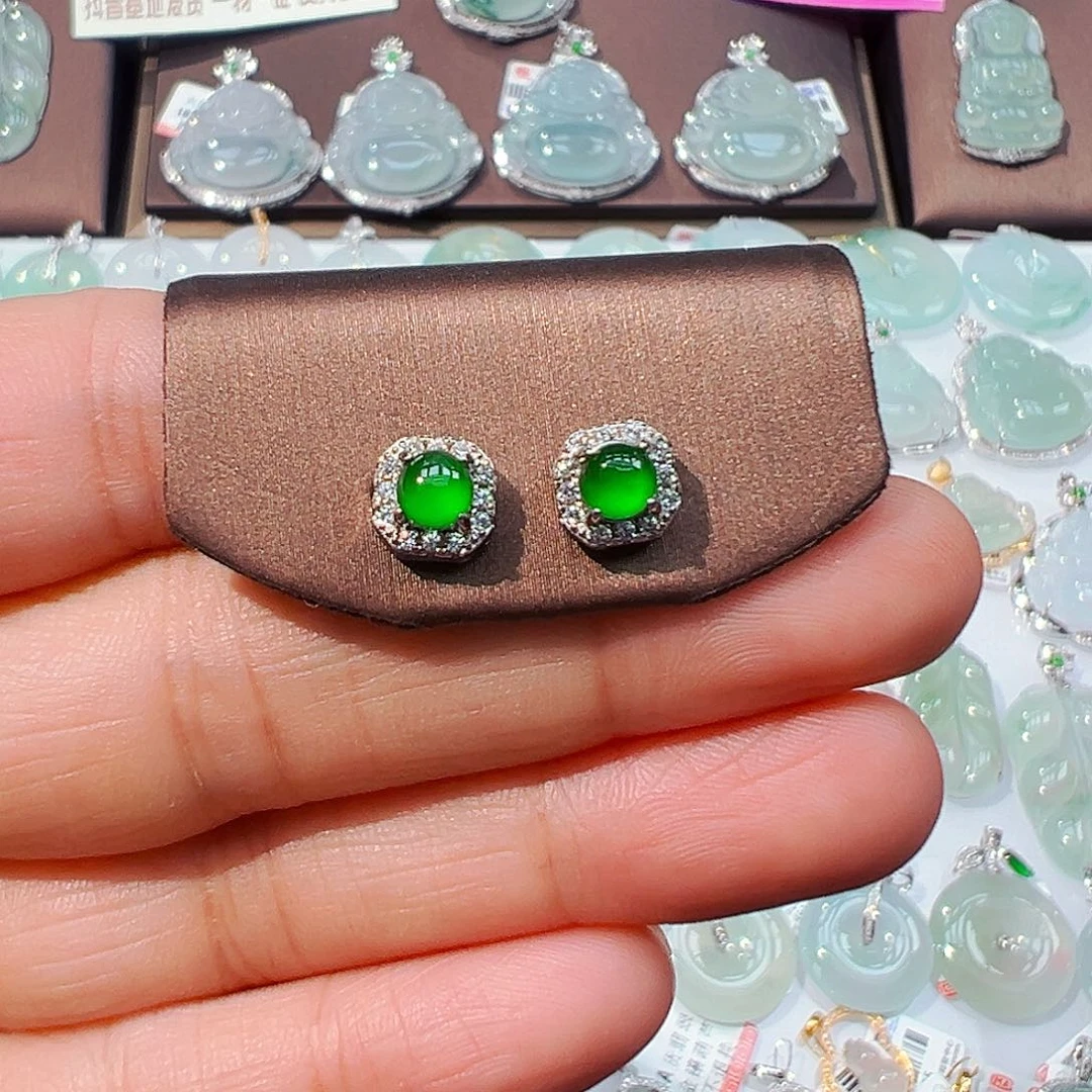 翡翠银S925镶嵌耳饰耳钉