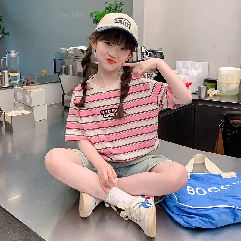 女童短袖T恤夏款2025新款夏装女大童条纹半袖儿童夏季洋气上衣潮