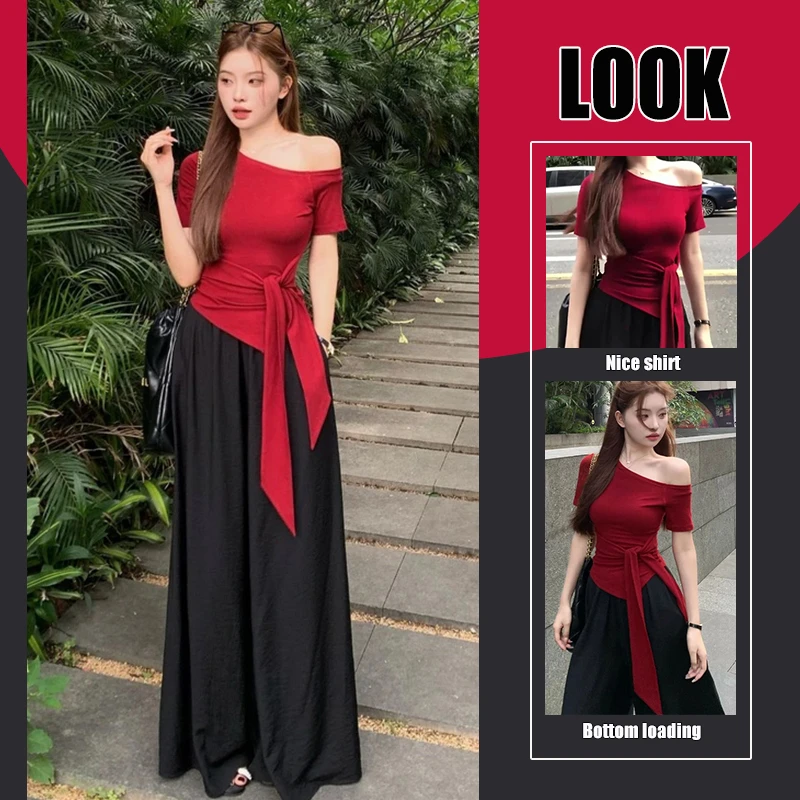 时尚套装女2025夏季新款设计感不规则短袖上衣高腰阔腿裤两件套潮