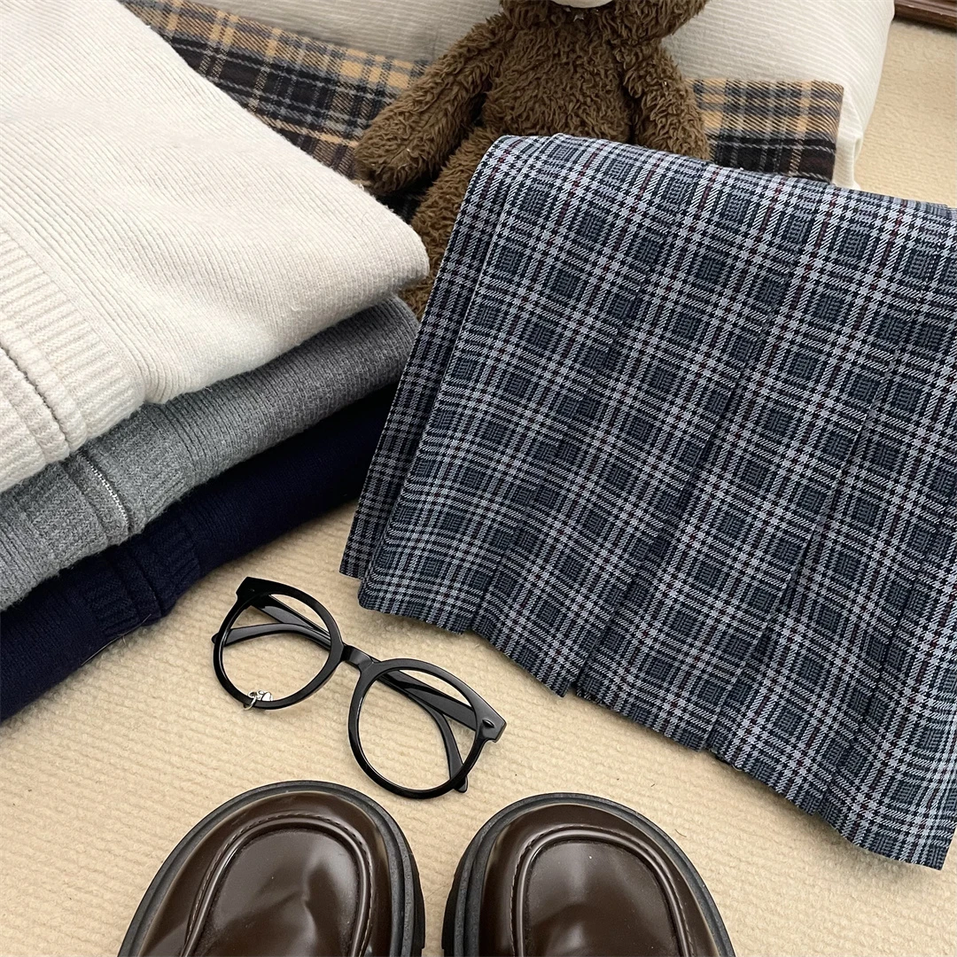 【灰海】洛花糖原创正版jk格裙慵懒连帽开衫毛衣半身裙学院风套装