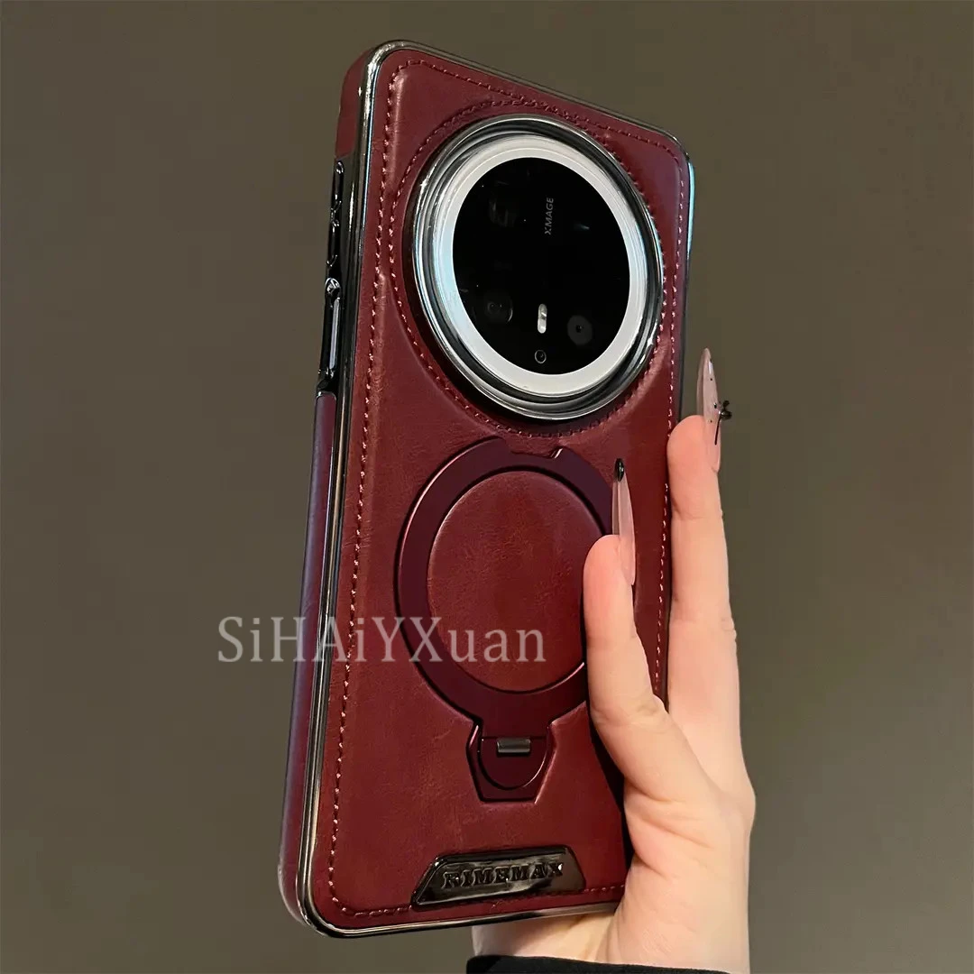 高档磁吸支架皮纹适用华为mate70pro手机壳防摔商务60pro/60/70硬