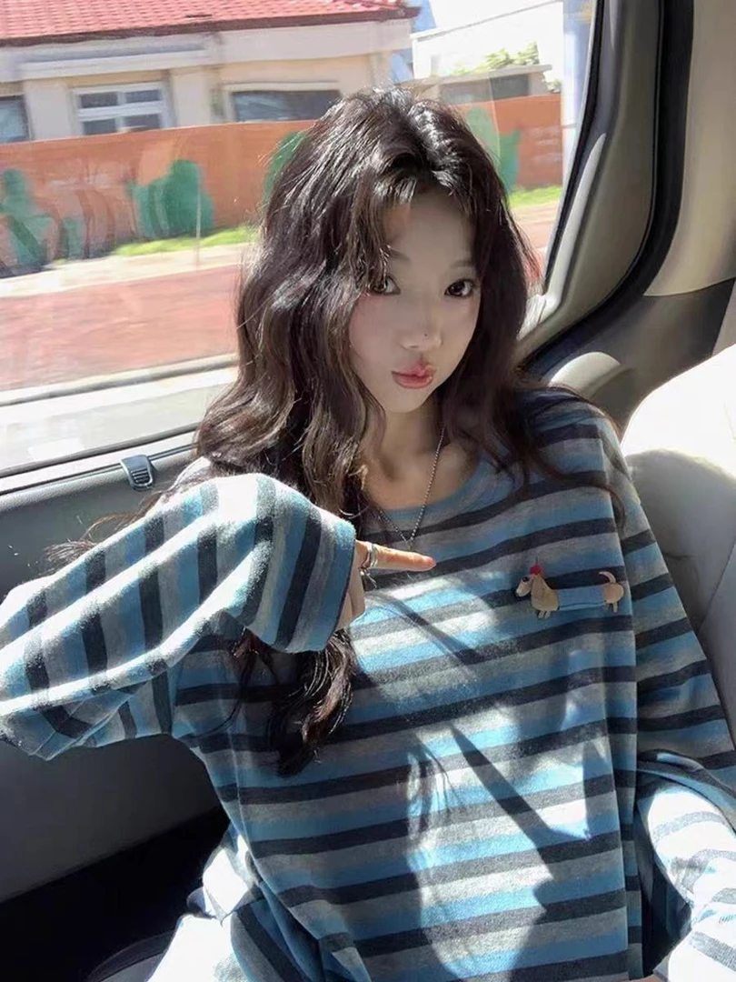 日系减龄条纹长袖T恤女2025秋冬新款大码胖MM打底衫时尚洋气上衣