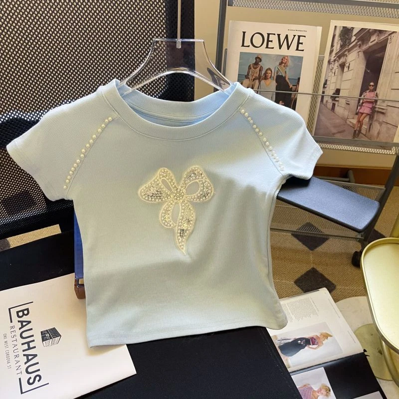 甜辣小个子钉珠刺绣蝴蝶结短袖t恤女夏季设计感短款收腰显瘦上衣