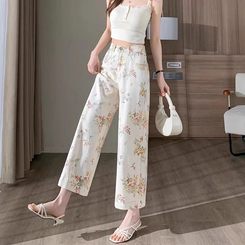 印花阔腿牛仔裤女2025春秋新款高腰设计垂感宽松休闲小个子直筒裤