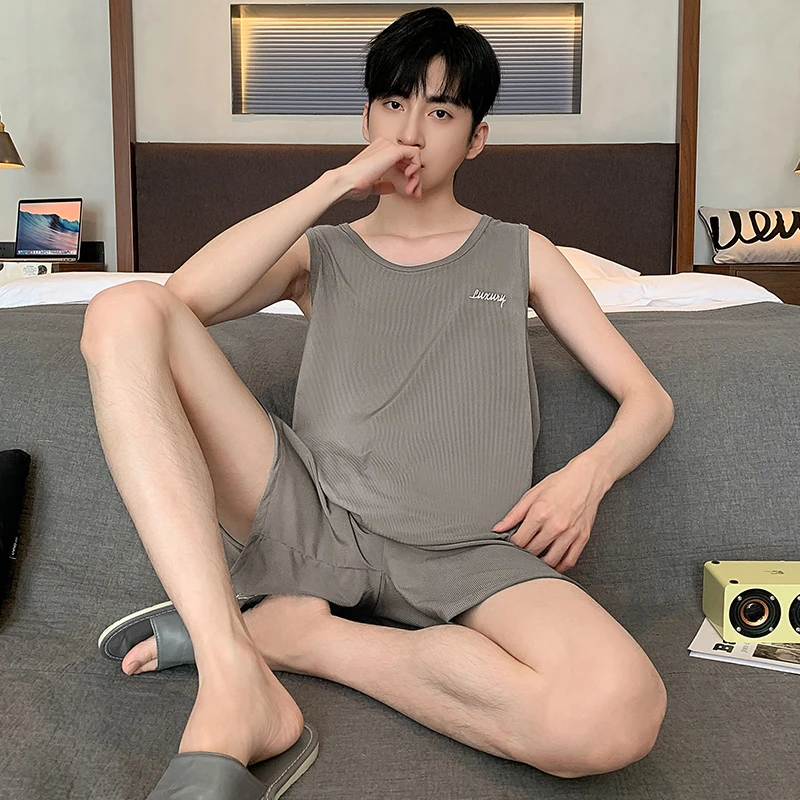 螺纹莫代尔睡衣男士夏季短袖背心短裤特大码套装220斤5XL250斤6XL