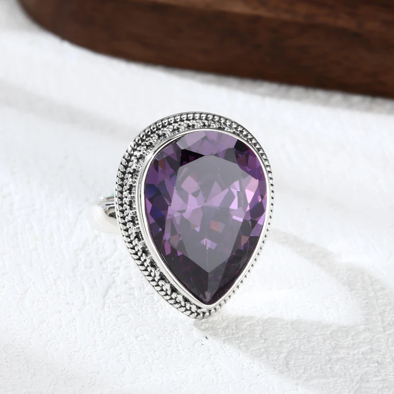 925银戒指 紫锆水滴戒指 男女同款戒指