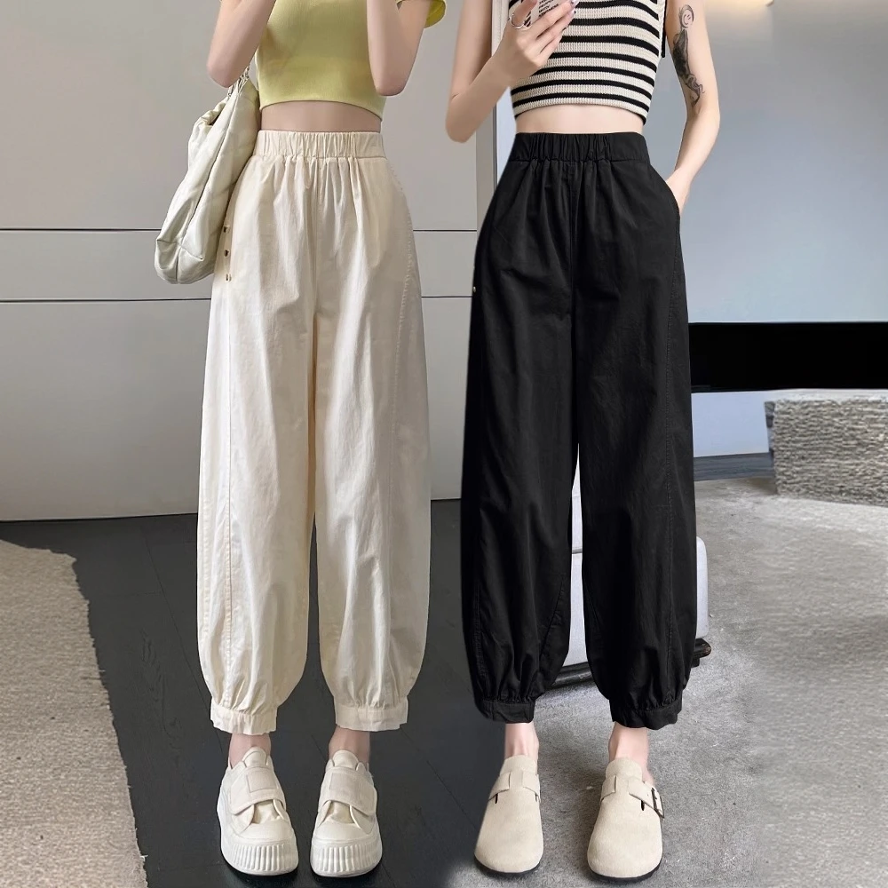 速干工装裤子女夏季薄款灯笼裤小个子松紧腰束脚九分哈伦萝卜裤子