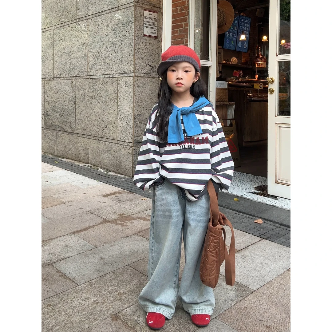 Harper kids 韩版女童宽松直筒设计感牛仔裤 H25A020717