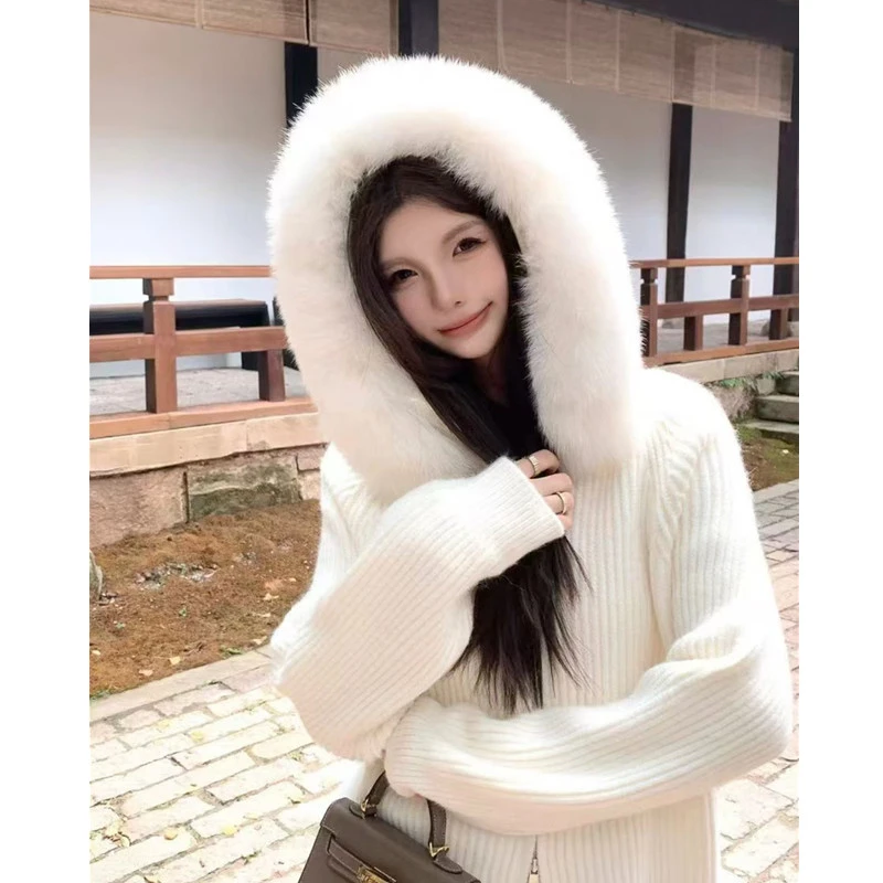 大毛领连帽拉链毛衣女外套2025秋冬慵懒风高级感超好看的针织开衫