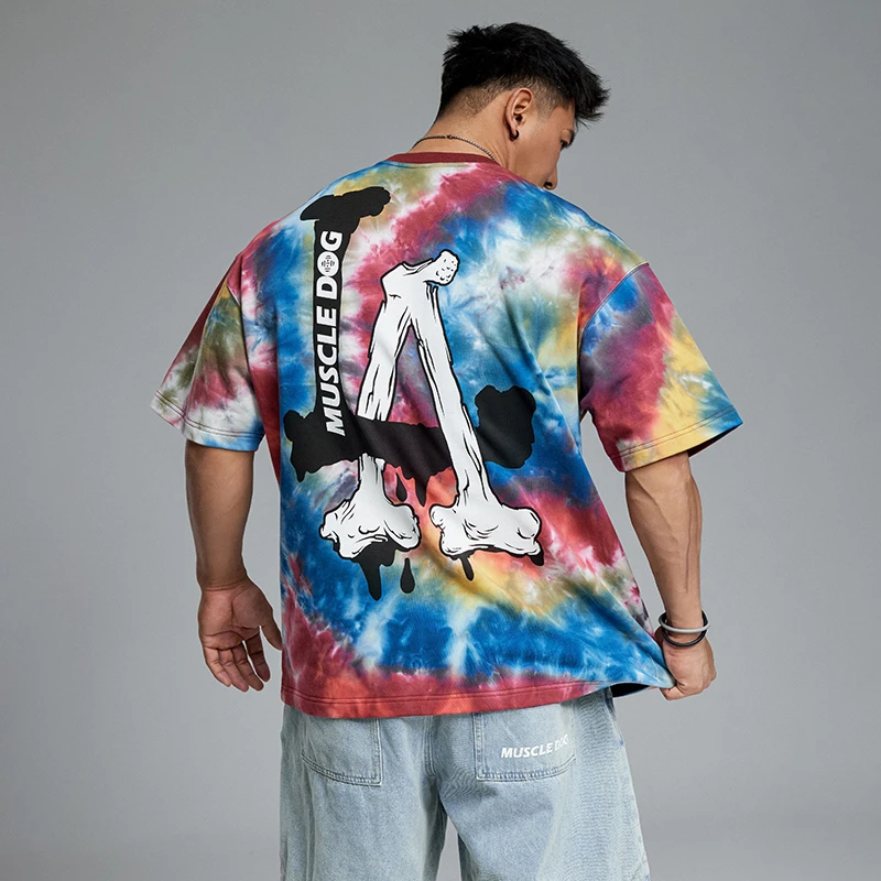 肌肉狗 潮牌休闲短袖T恤男2025新款彩色扎染宽松运动训练健身半袖