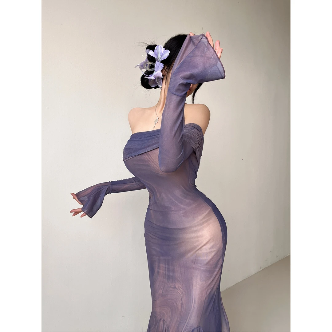 Y3033法式复古早春晕染印花一字肩包臀鱼尾裙收腰喇叭袖长裙