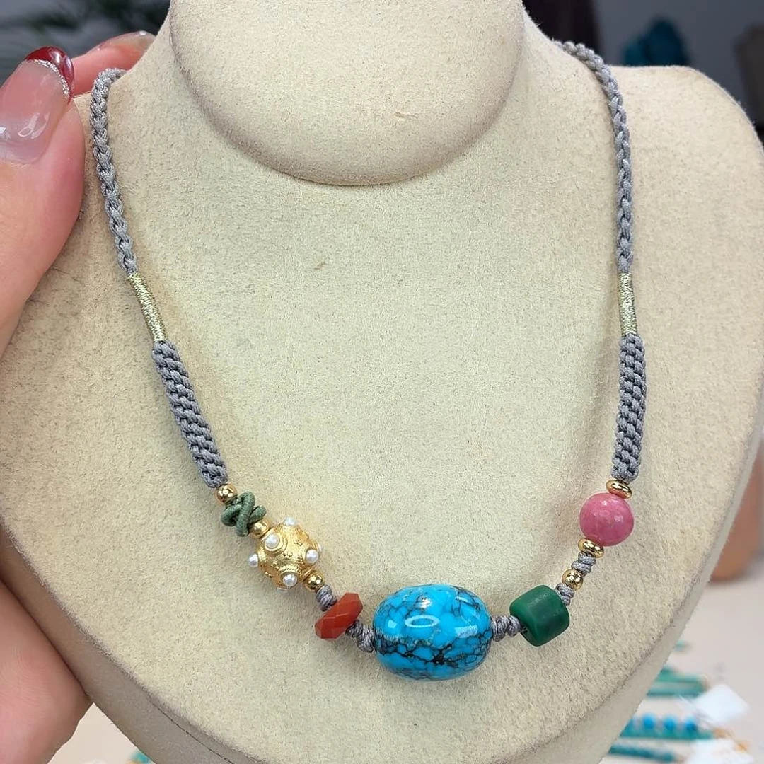 绿松石银S925镀金镶嵌颈饰